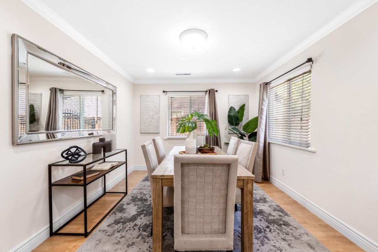 Dining room, Interior, Recessed Lighting, Wood Texture Flooring