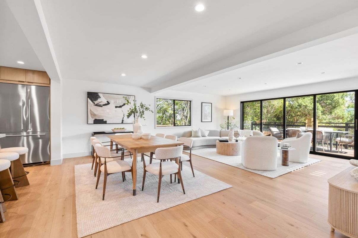 Dining room, Interior, Living room, Recessed Lighting, Stainless Steel Appliances, Wood Texture Flooring
