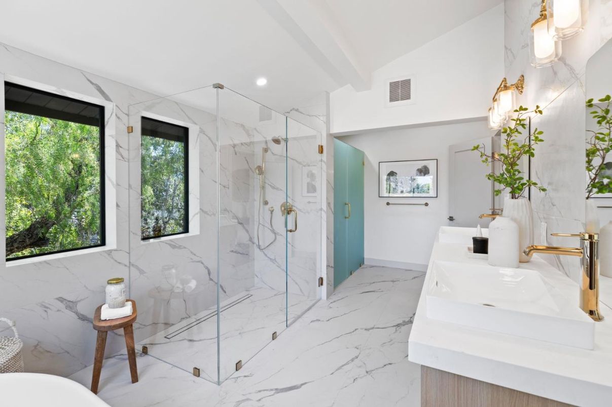 Bathroom, Glass Shower, Interior, Marble, Marble Walls, Recessed Lighting