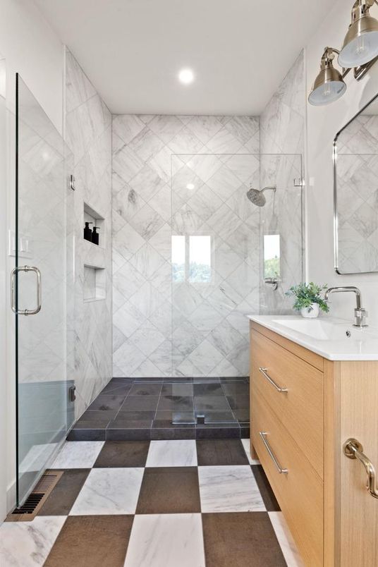 Bathroom, Glass Shower, Interior, Marble Walls, Recessed Lighting