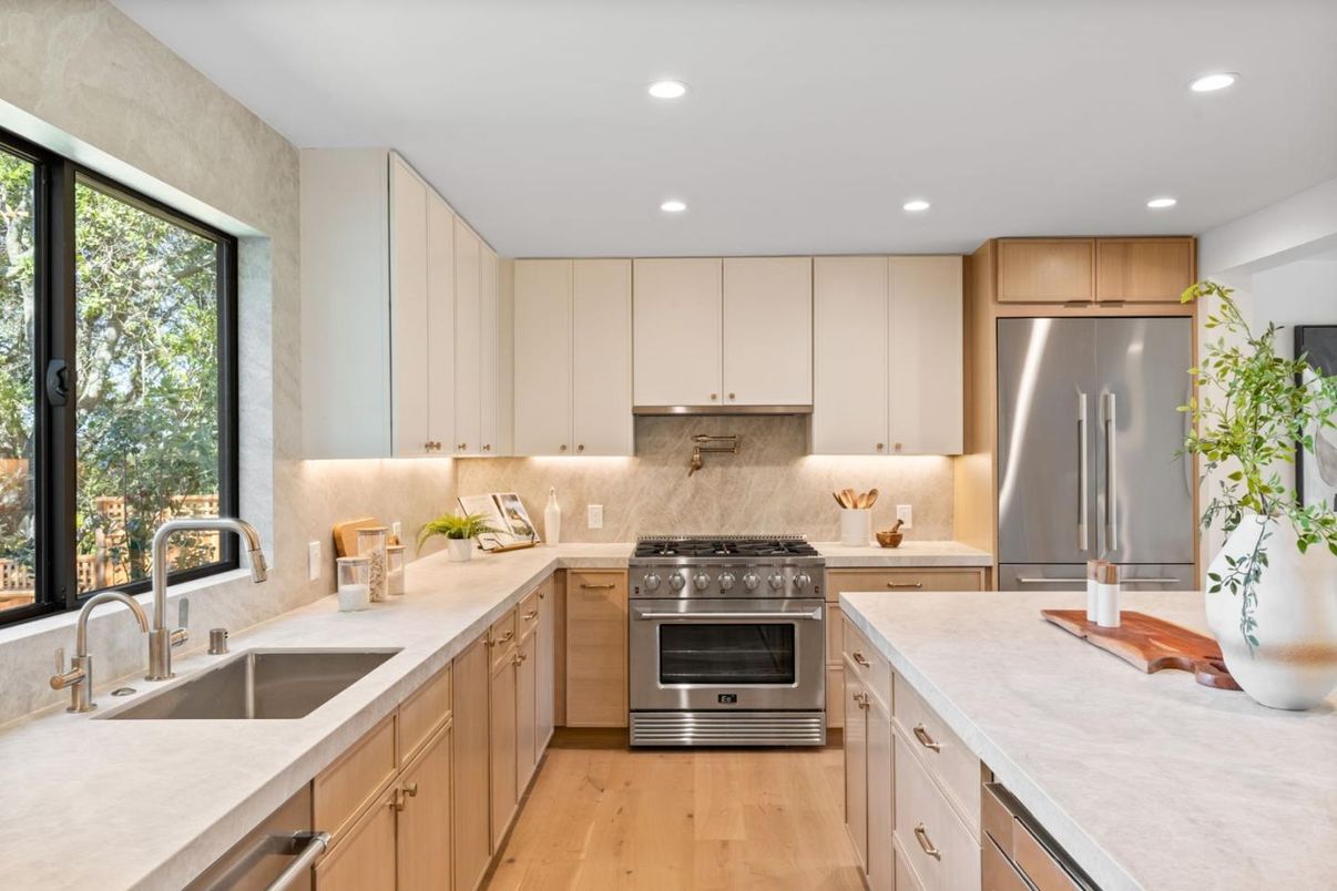 Interior, Kitchen, Recessed Lighting, Stainless Steel Appliances, Wood Texture Flooring