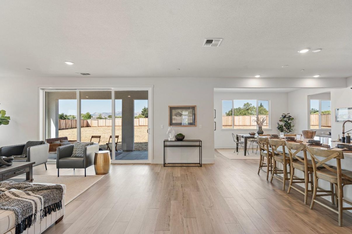 Dining room, Interior, Living room, Recessed Lighting, Wood Texture Flooring