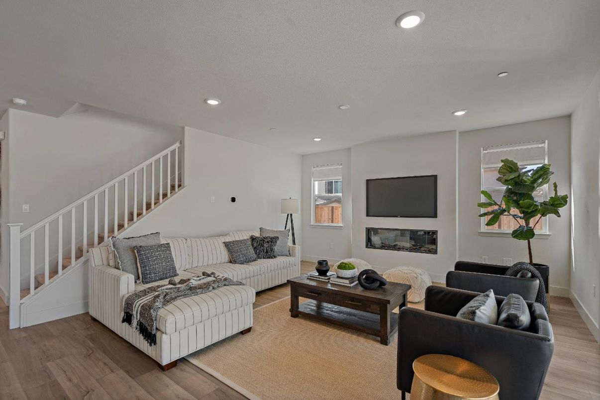 Fireplace, Interior, Living room, Recessed Lighting, Wood Texture Flooring