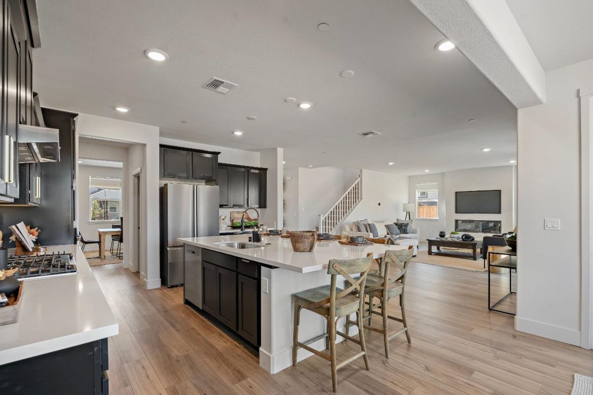 Interior, Kitchen, Living room, Recessed Lighting, Stainless Steel Appliances, Wood Texture Flooring
