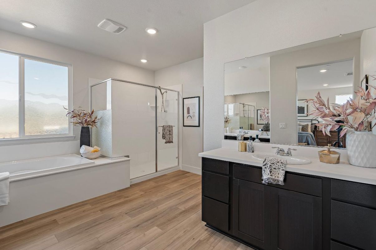Bathroom, Glass Shower, Interior, Recessed Lighting, Wood Texture Flooring
