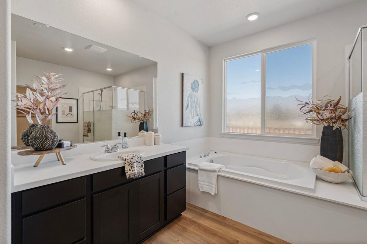 Bathroom, Glass Shower, Interior, Recessed Lighting, Wood Texture Flooring