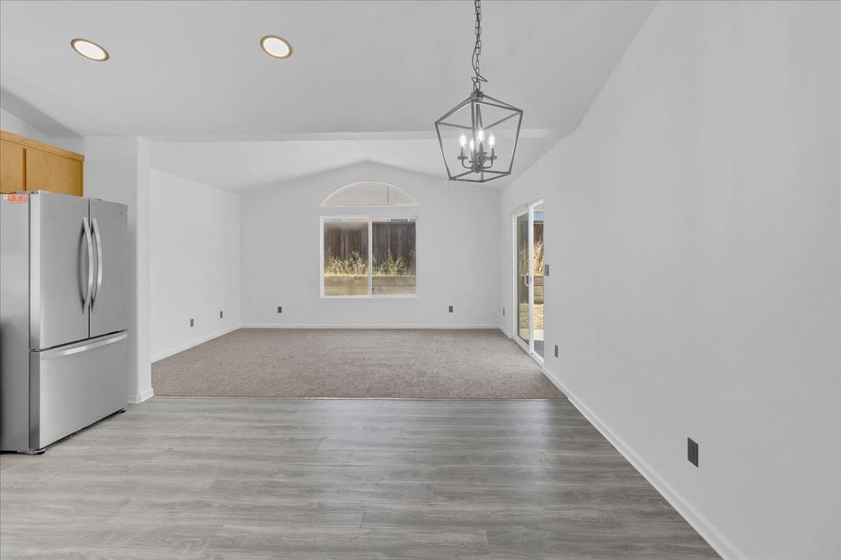 Empty room, Interior, Kitchen, Pendant Lights, Recessed Lighting, Wood Texture Flooring