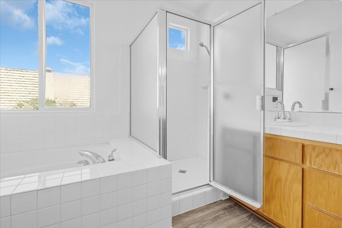 Bathroom, Glass Shower, Interior, Tile Countertops, Wood Texture Flooring