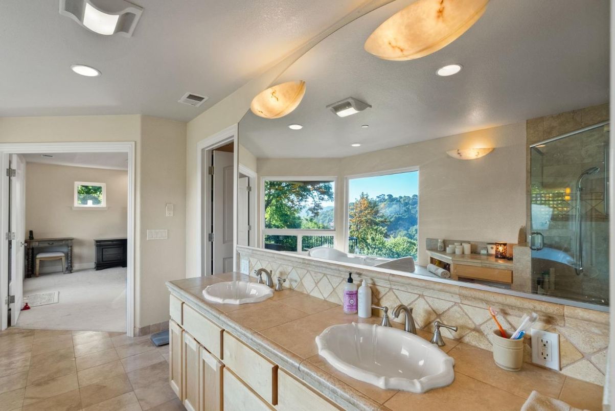 Bathroom, Dual Sink Vanities, Glass Shower, Interior, Recessed Lighting, Tile Countertops