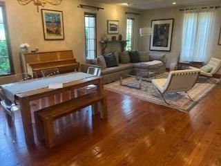 Dining room, Interior, Living room, Piano, Recessed Lighting, Wood Texture Flooring