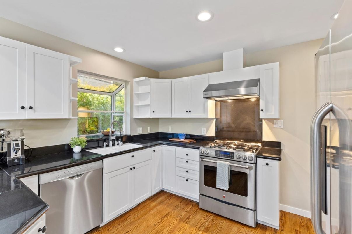 Interior, Kitchen, Recessed Lighting, Stainless Steel Appliances, Wood Texture Flooring