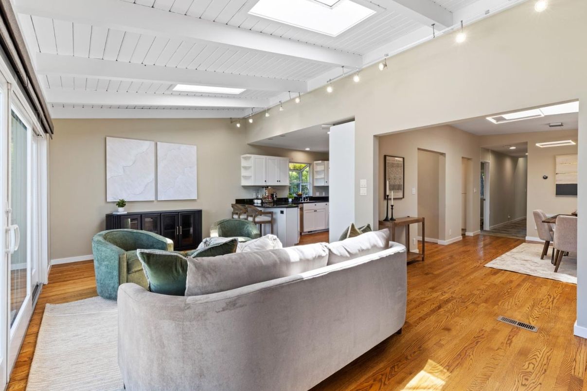 Dining room, Interior, Kitchen, Living room, Recessed Lighting, Wood Texture Flooring