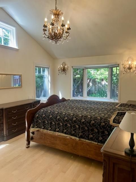 Bedroom, Chandelier, Interior, Wood Texture Flooring