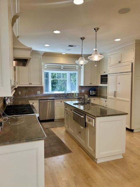 Interior, Kitchen, Pendant Lights, Recessed Lighting, Stainless Steel Appliances, Wood Texture Flooring
