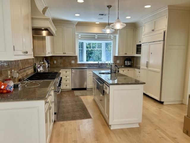 Interior, Kitchen, Pendant Lights, Recessed Lighting, Stainless Steel Appliances, Wood Texture Flooring