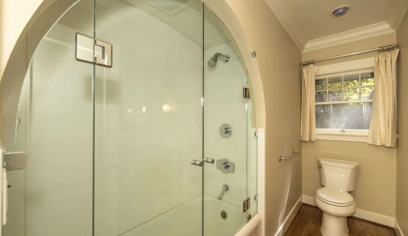 Bathroom, Glass Shower, Interior, Recessed Lighting, Wood Texture Flooring