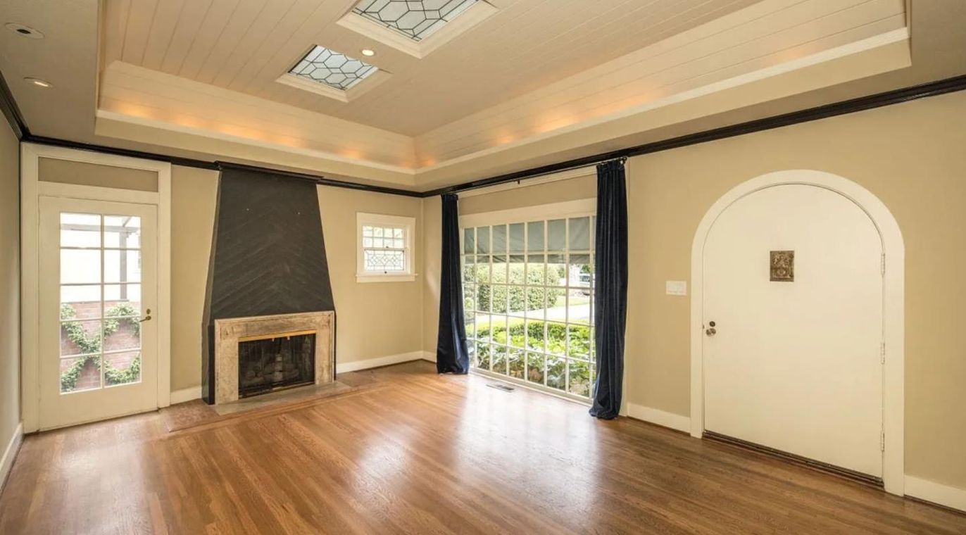 Empty room, Fireplace, Interior, Recessed Lighting, Wood Texture Flooring