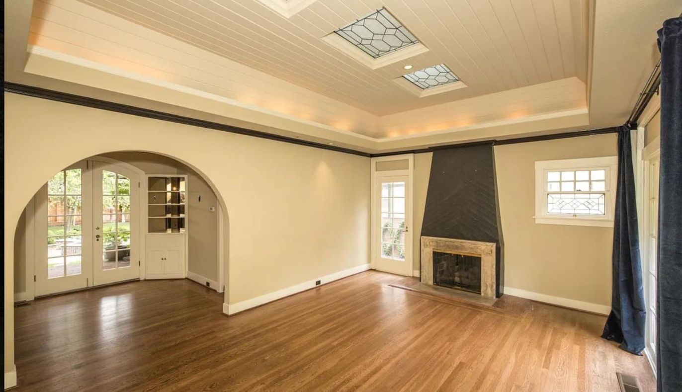 Empty room, Fireplace, Interior, Recessed Lighting, Wood Texture Flooring