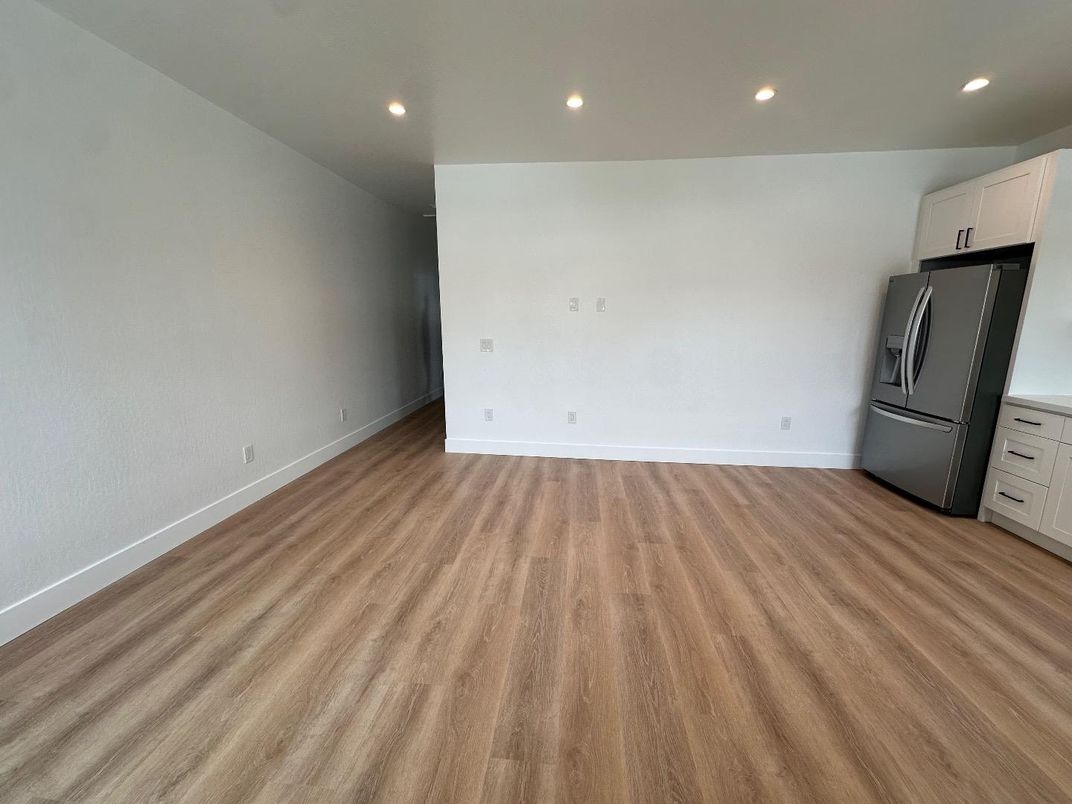 Empty room, Interior, Kitchen, Recessed Lighting, Wood Texture Flooring