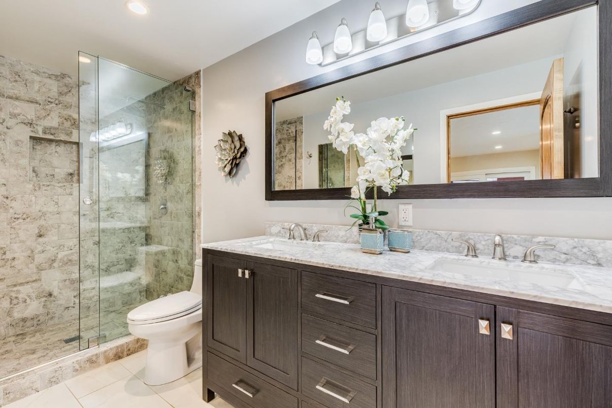 Bathroom, Dual Sink Vanities, Glass Shower, Interior, Recessed Lighting