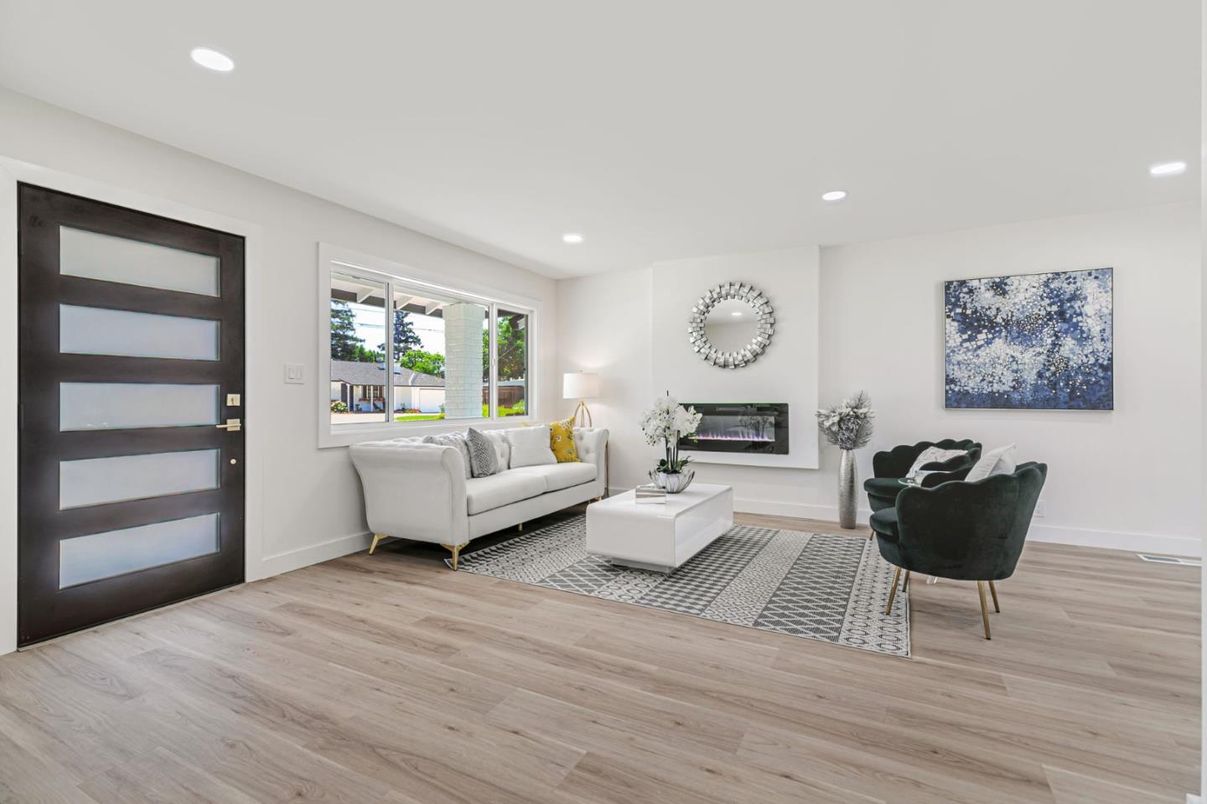 Fireplace, Interior, Living room, Recessed Lighting, Wood Texture Flooring