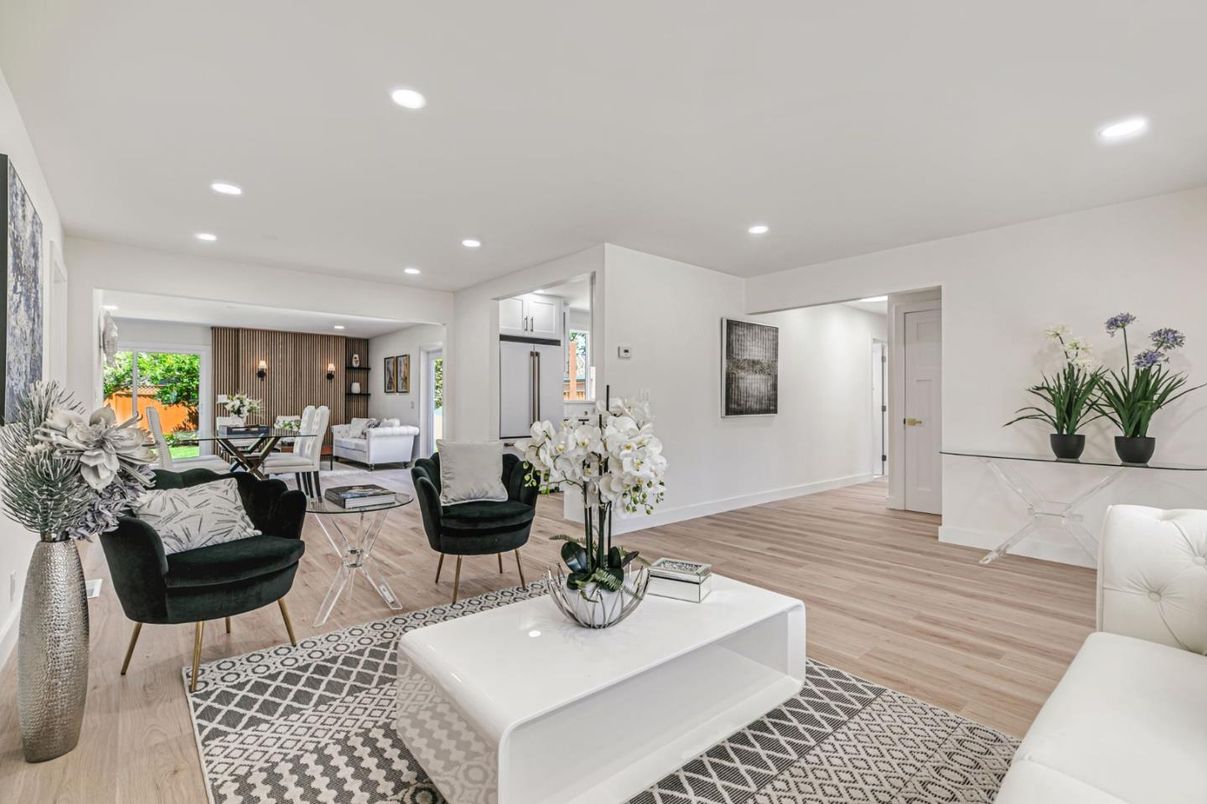 Dining room, Interior, Kitchen, Living room, Recessed Lighting, Wood Texture Flooring