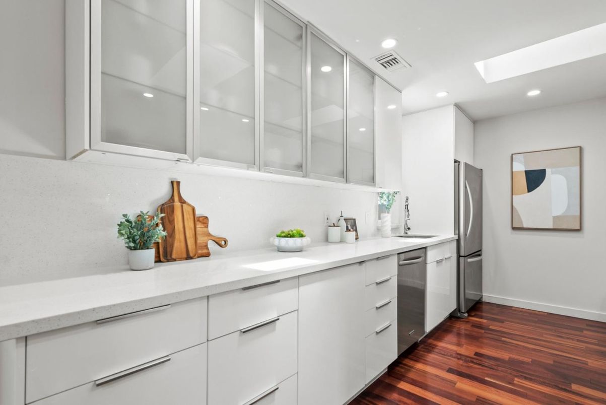 Interior, Kitchen, Recessed Lighting, Stainless Steel Appliances, Wood Texture Flooring