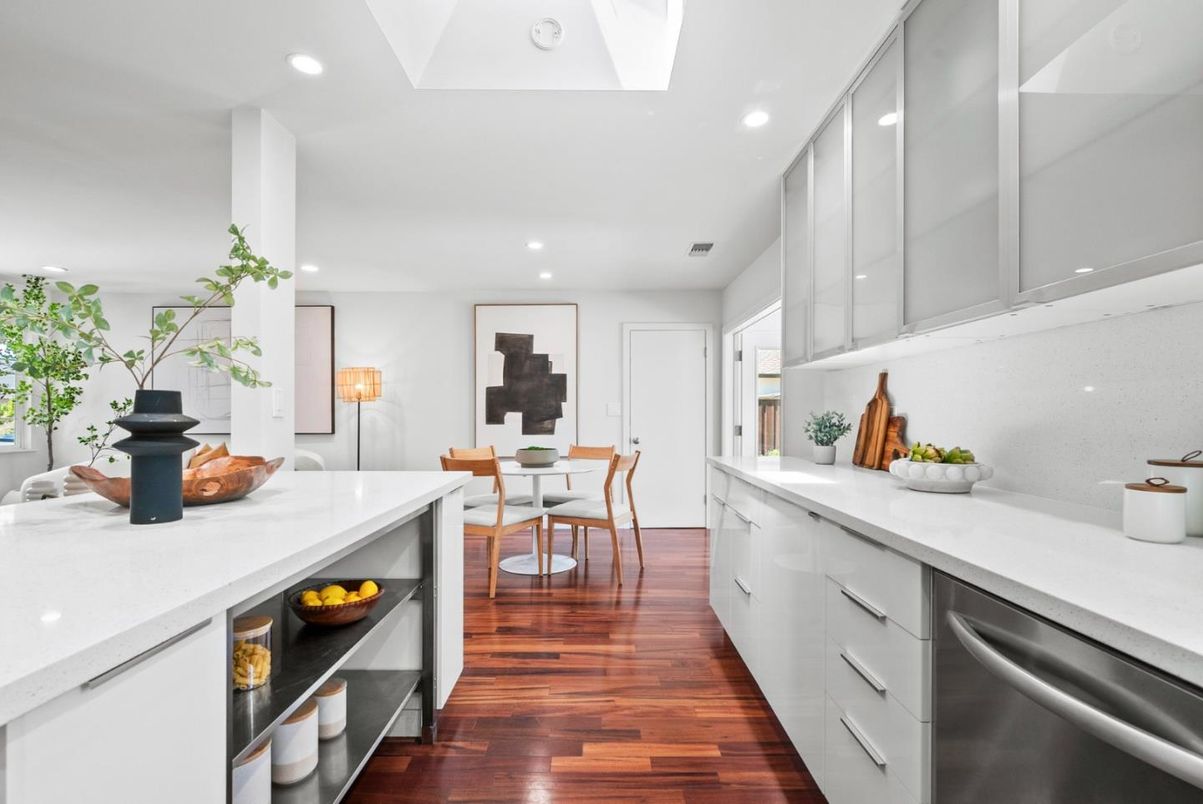 Dining room, Interior, Kitchen, Recessed Lighting, Stainless Steel Appliances, Wood Texture Flooring