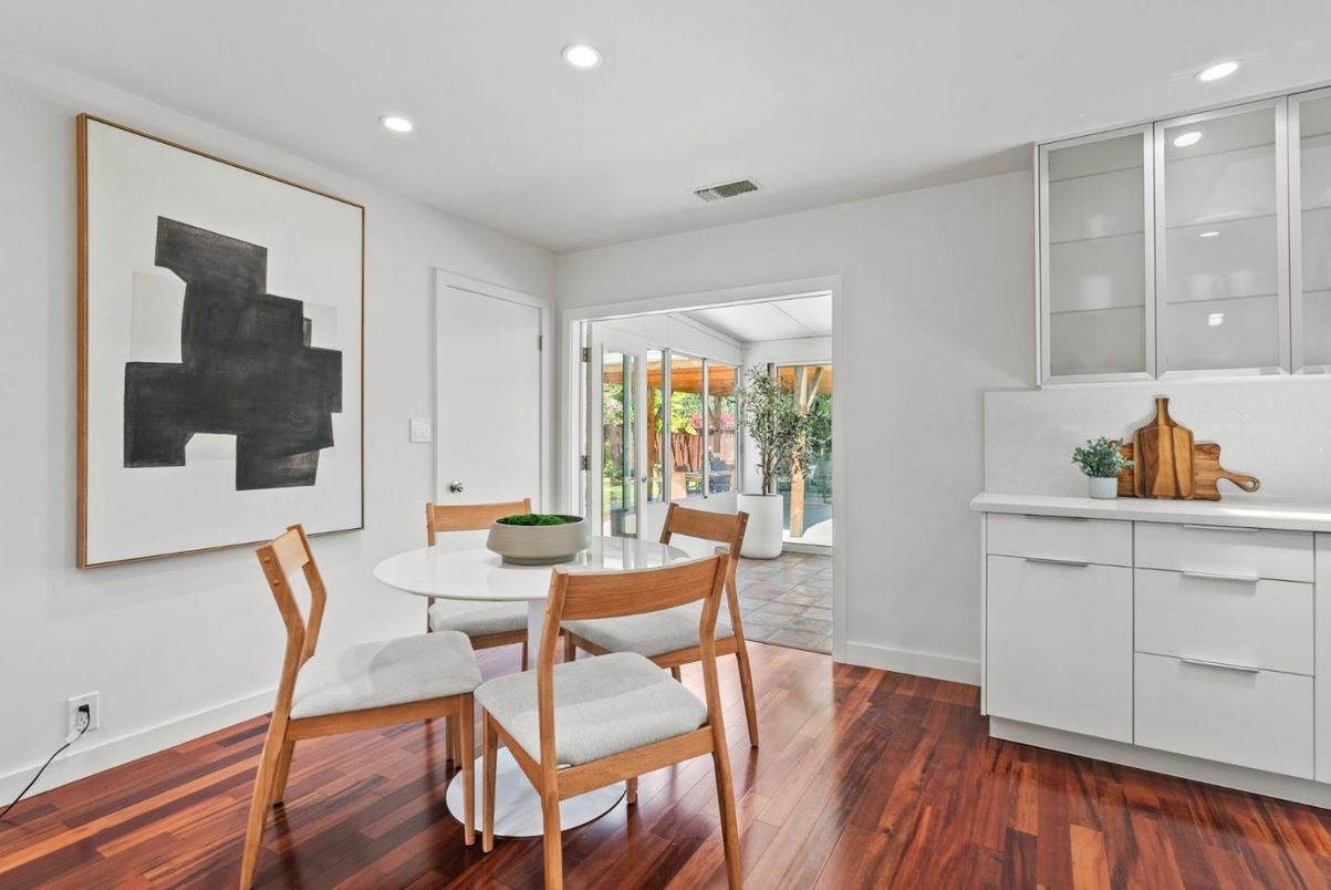 Dining room, Interior, Recessed Lighting, Wood Texture Flooring