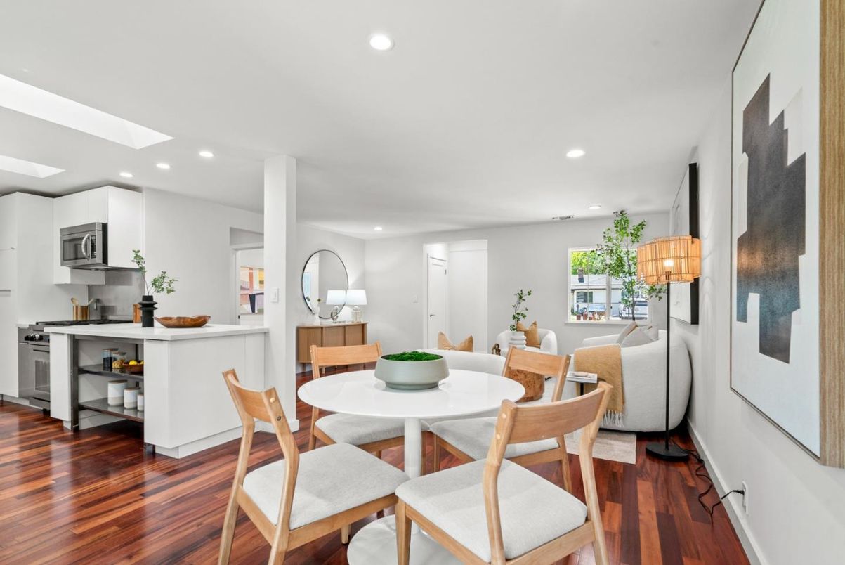 Dining room, Interior, Kitchen, Recessed Lighting, Stainless Steel Appliances, Wood Texture Flooring