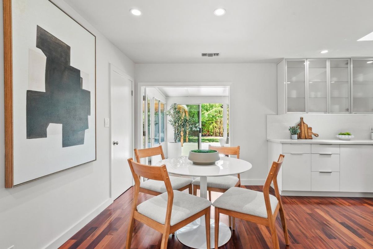 Dining room, Interior, Recessed Lighting, Wood Texture Flooring