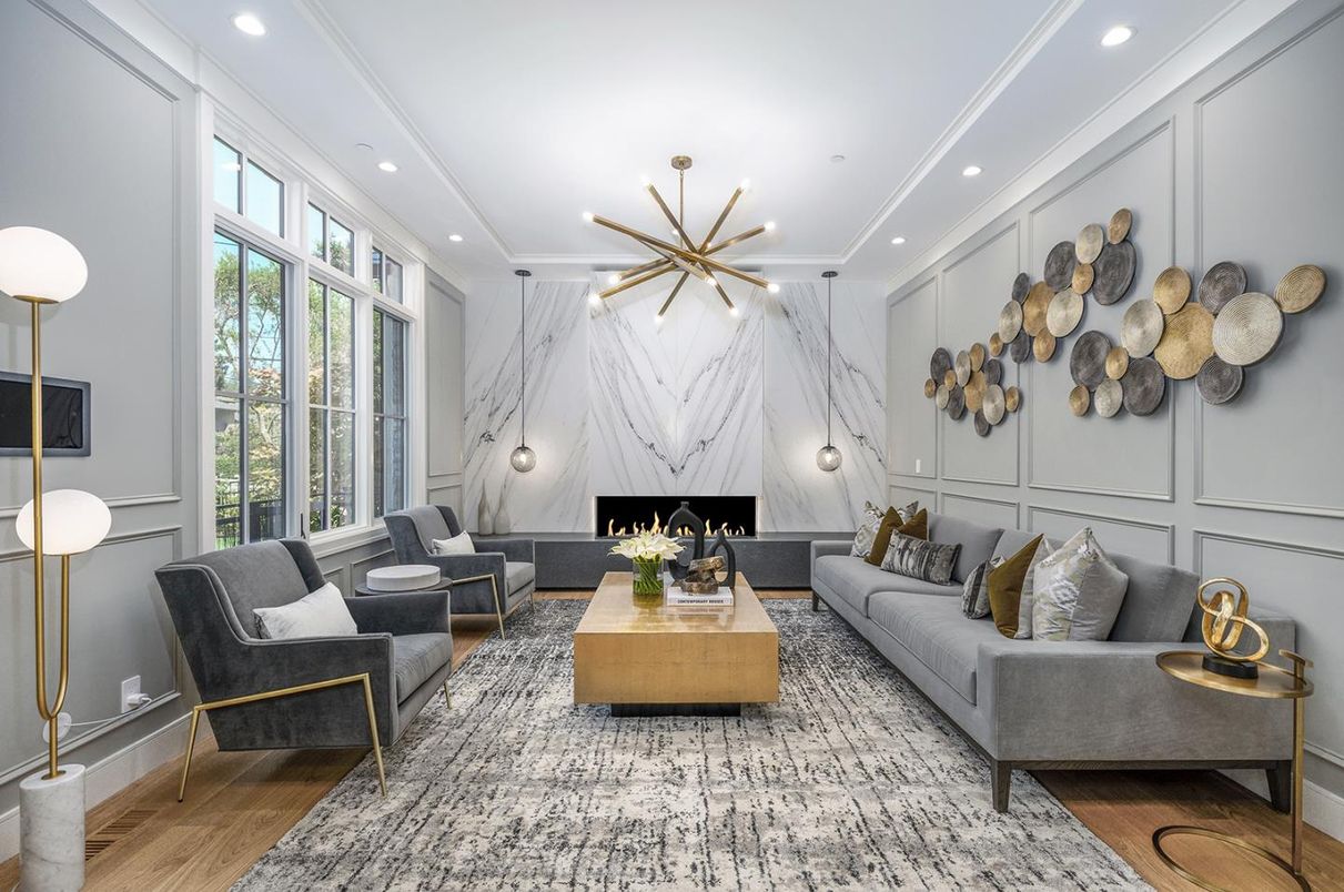 Fireplace, Interior, Living room, Marble Walls, Pendant Lights, Recessed Lighting, Wood Texture Flooring