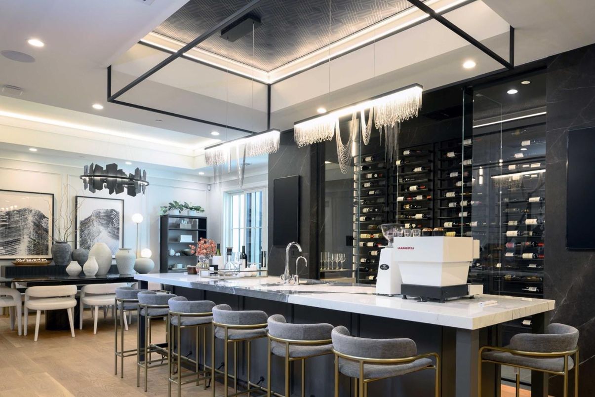 Chandelier, Interior, Recessed Lighting, Wine Storage, Wood Texture Flooring
