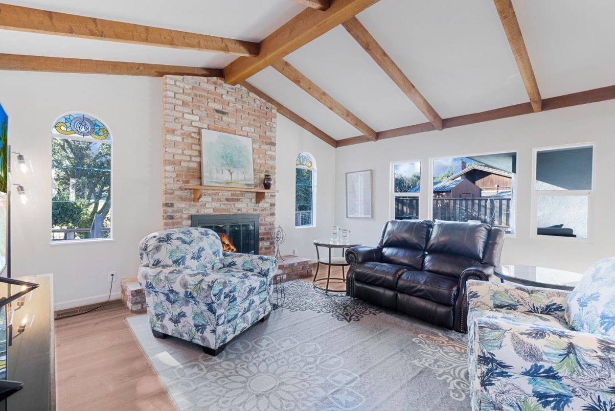Fireplace, Interior, Living room, Stone Walls, Wooden Beams, Wood Texture Flooring