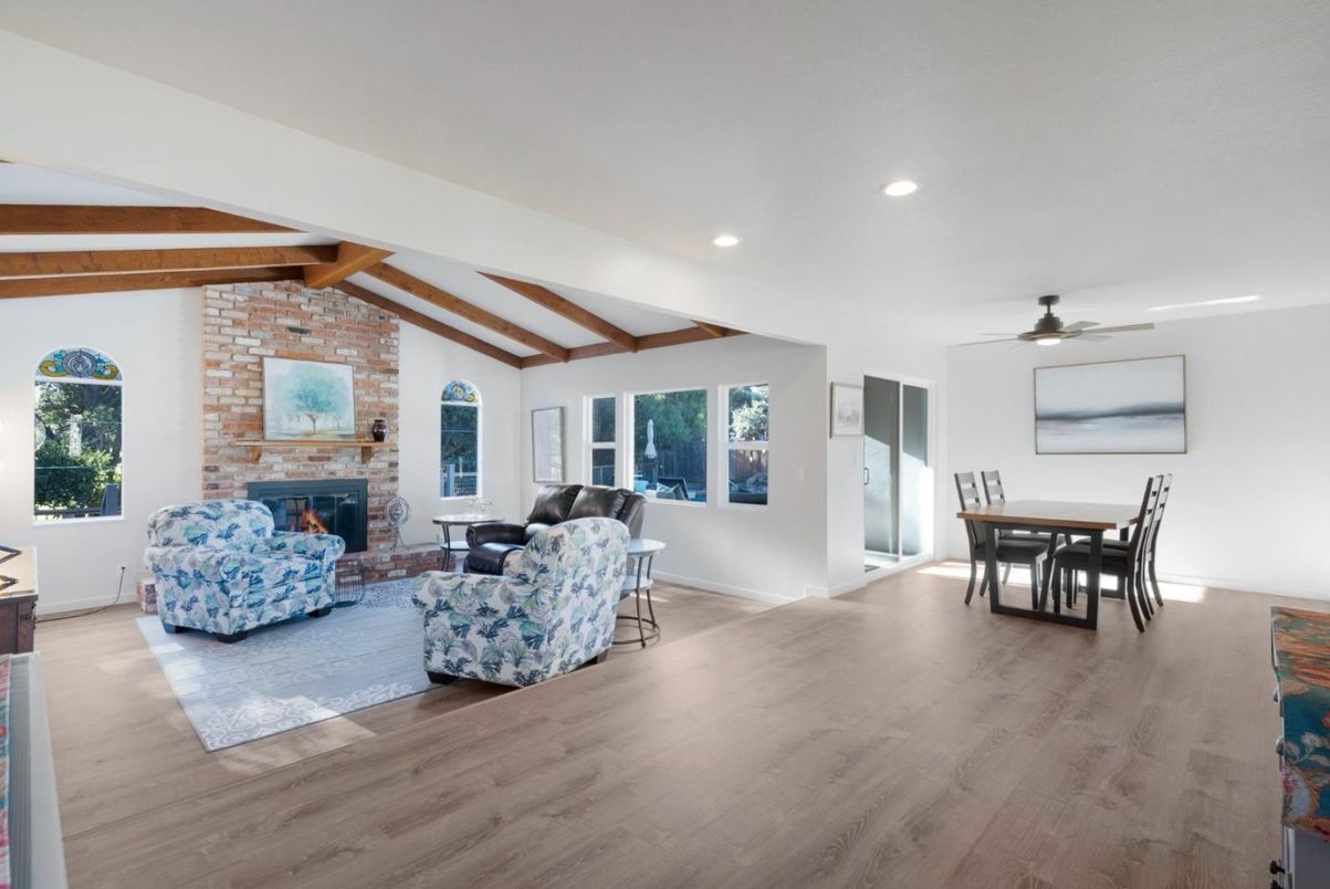 Dining room, Fireplace, Interior, Living room, Recessed Lighting, Stone Walls, Wooden Beams, Wood Texture Flooring