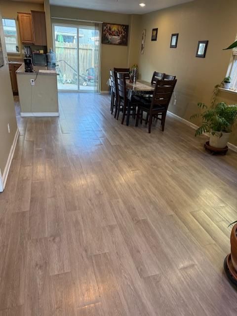 Dining room, Interior, Kitchen, Recessed Lighting, Wood Texture Flooring