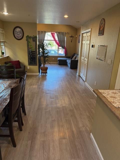 Dining room, Interior, Living room, Recessed Lighting, Wood Texture Flooring