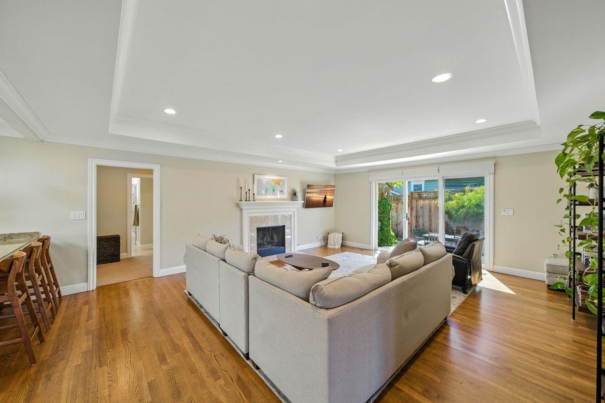 Fireplace, Interior, Living room, Recessed Lighting, Wood Texture Flooring