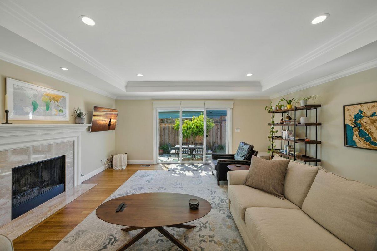 Fireplace, Interior, Living room, Recessed Lighting, Wood Texture Flooring