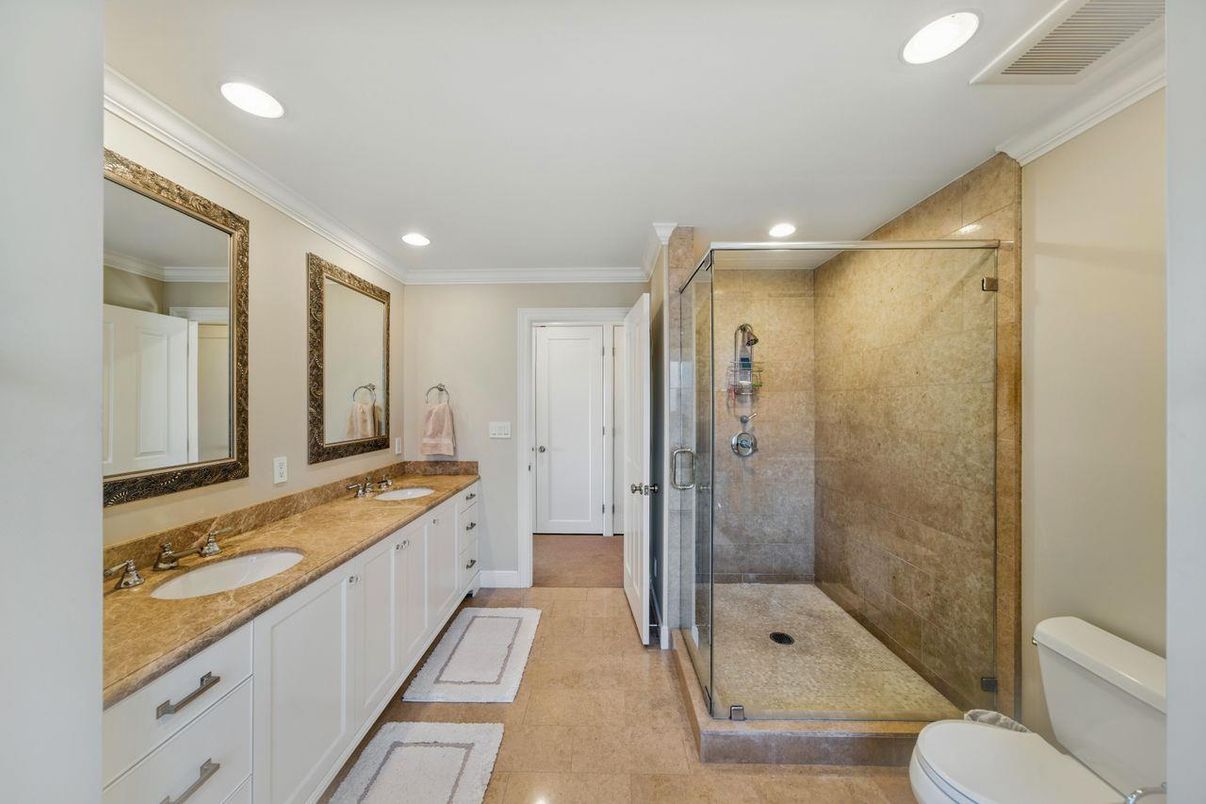 Bathroom, Dual Sink Vanities, Glass Shower, Interior, Recessed Lighting