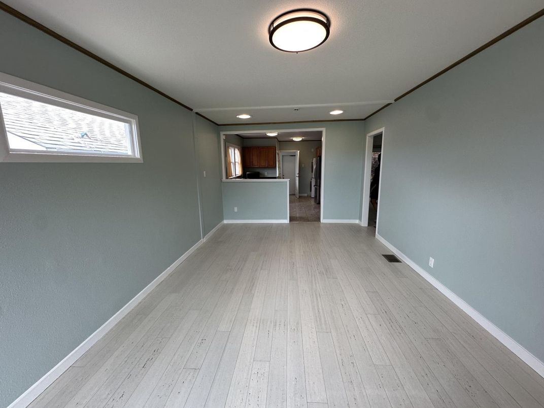 Empty room, Interior, Kitchen, Recessed Lighting, Wood Texture Flooring