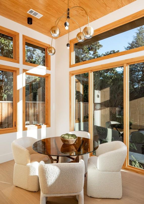 Dining room, Interior, Pendant Lights, Sun Room, Wooden Ceilings, Wood Texture Flooring