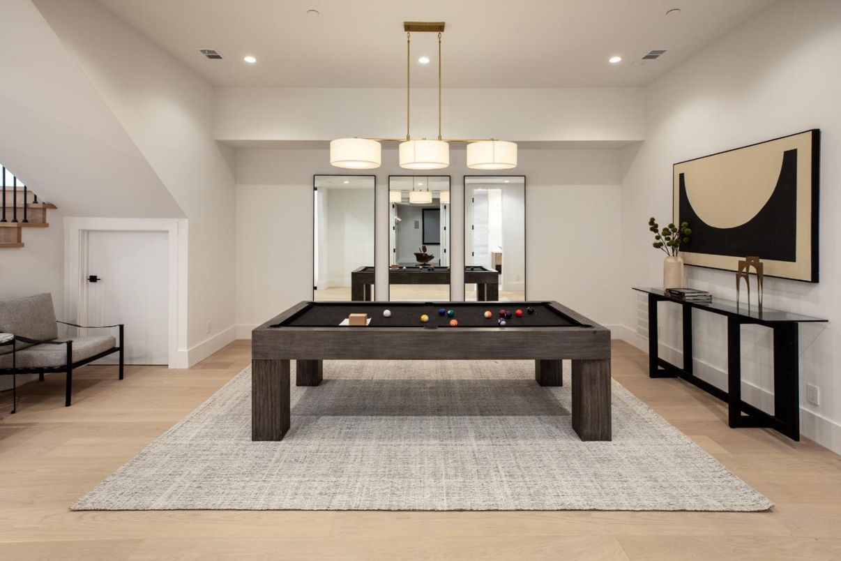 Billiard Table, Chandelier, Game Room, Interior, Recessed Lighting, Wood Texture Flooring