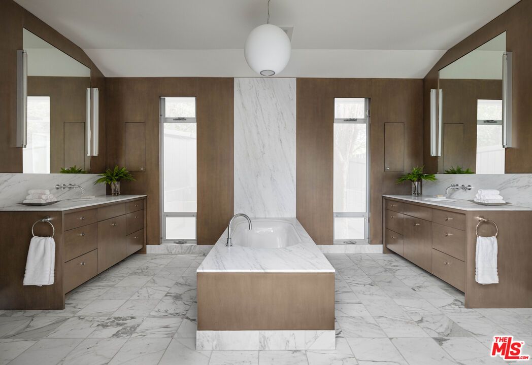 Bathroom, Dual Sink Vanities, Interior, Marble, Pendant Lights