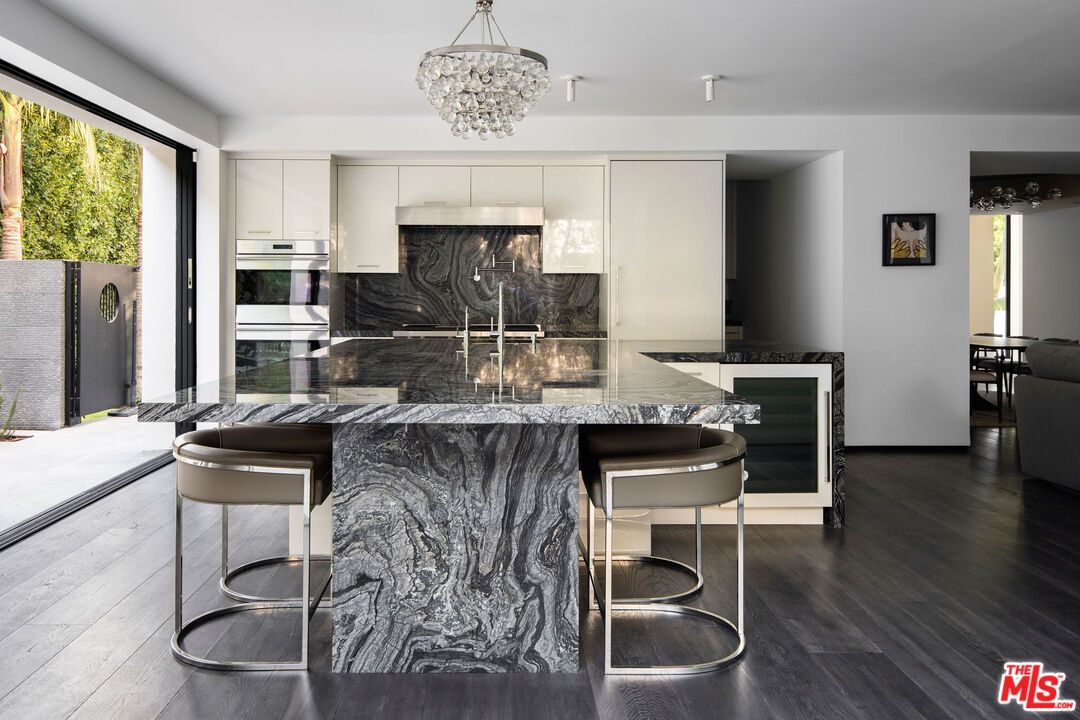 Chandelier, Interior, Kitchen, Stainless Steel Appliances, Wood Texture Flooring