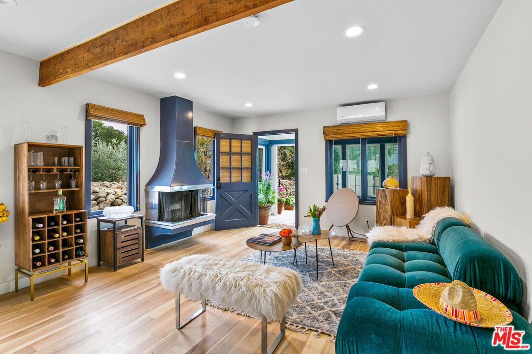Fireplace, Interior, Living room, Recessed Lighting, Wooden Beams, Wood Texture Flooring