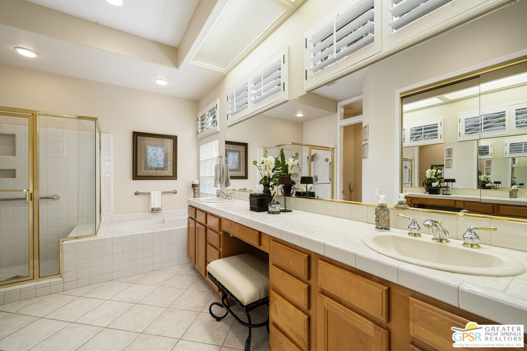 Bathroom, Dual Sink Vanities, Glass Shower, Interior, Recessed Lighting, Tile Countertops