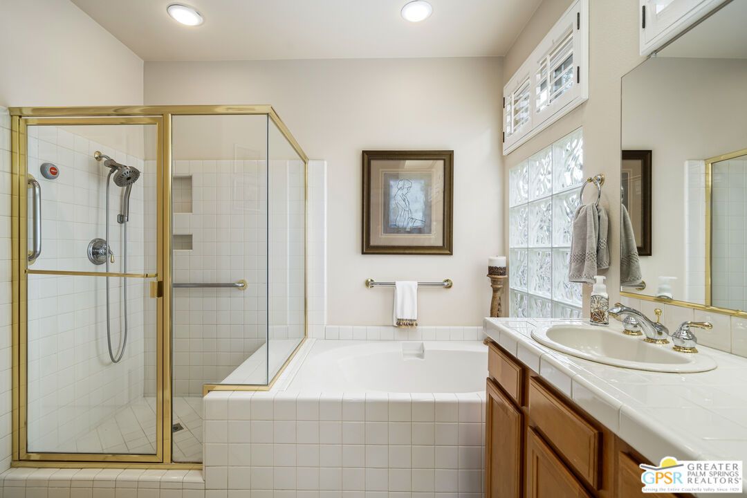 Bathroom, Dual Sink Vanities, Glass Shower, Interior, Recessed Lighting, Tile Countertops