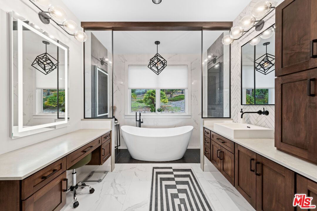 Bathroom, Dual Sink Vanities, Free Standing Baths, Glass Shower, Interior, Marble, Marble Walls, Pendant Lights
