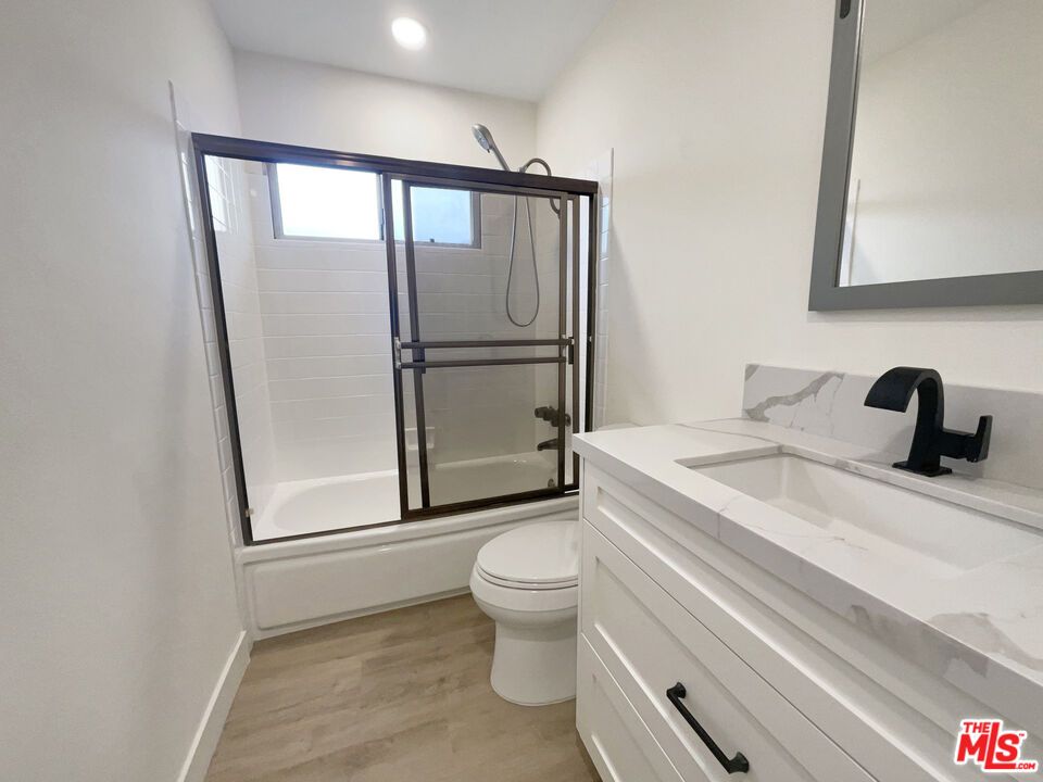 Bathroom, Glass Shower, Interior, Recessed Lighting, Wood Texture Flooring